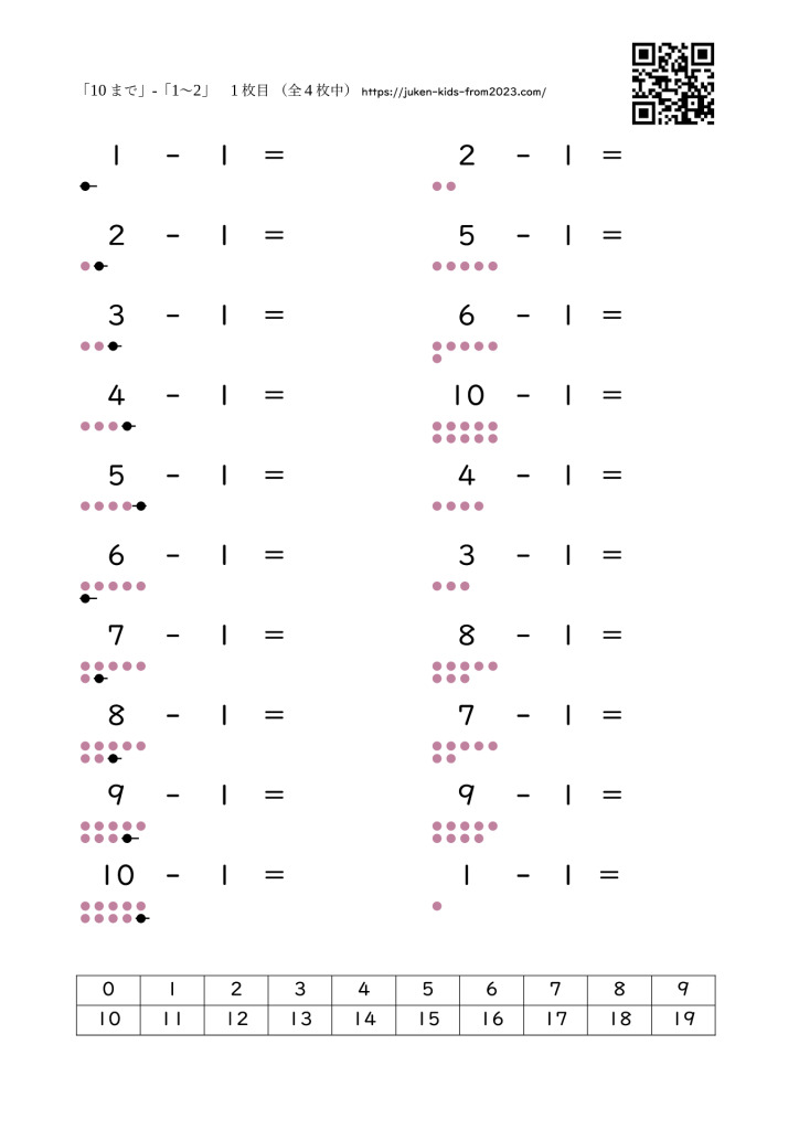 「-10」までのひき算（プリント）